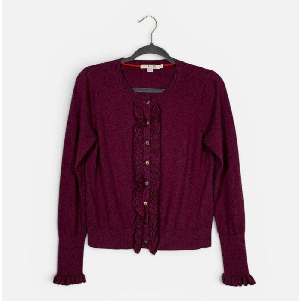 Boden Ruffle Cardigan M Burgundy Plum Wool Blend Sweater